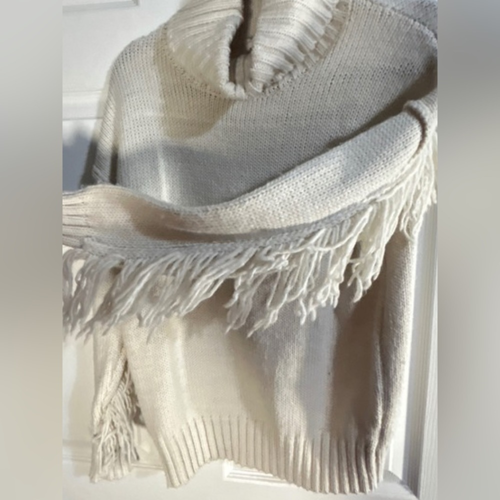 Willow and Wind Western Chic Cream Turtleneck Sweater with Fringe